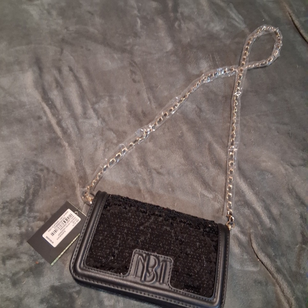 Badgley Mischka Sequin Purse Crossbody Tote Bag Black Silver Hardware New W Tags